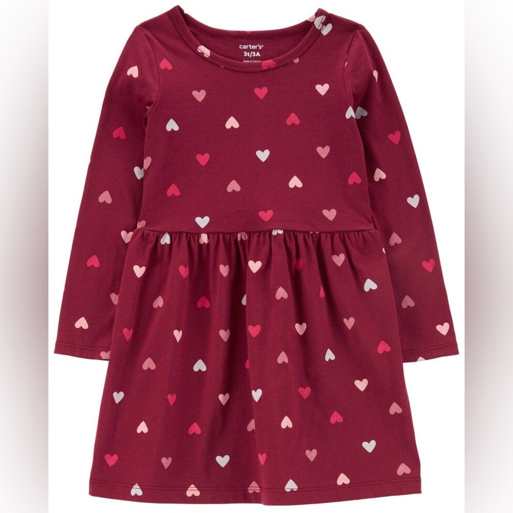 Toddler Long Sleeve Dress | Heart Jersey Dress by Carter’s | Maroon Red | NWT